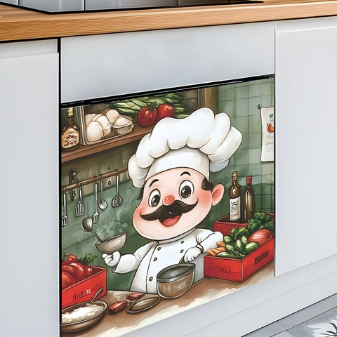 Cartoon Chef Kitchen Wall Sticker Decorative PVC Waterproof Decal For Stove Dishwasher Appliance Home Decor