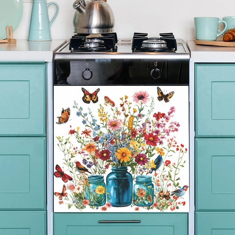 Adesivi Murali PVC Acquerello Fiori Di Campo Barattoli Farfalle Decalcomania Per Elettrodomestici Cucina Decorazione Casa
