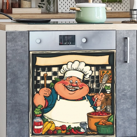 Divertente Adesivo Decorativo da Cucina Con Chef Grasso Impermeabile Autoadesivo per Lavastoviglie Forno Armadio Casa Decorazione
