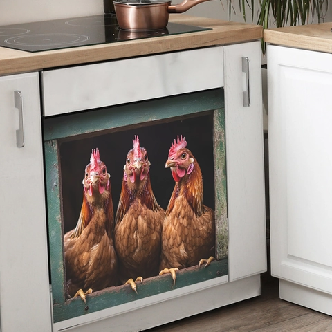Pegatina Creativa Para Lavavajillas Tres Pollos PVC Marco Madera Rústica Calcomanía Electrodoméstico Para Horno Nevera