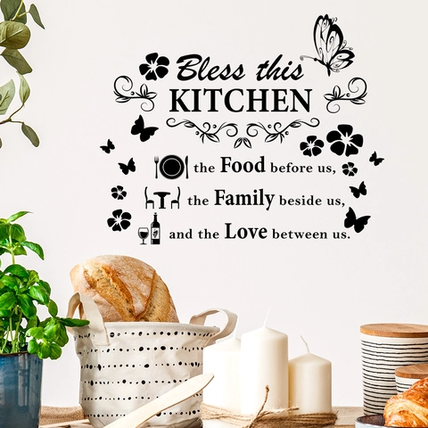 Bless This Kitchen Quote Wall Sticker Butterfly Flower Tableware Design PVC Art Decal For Dining Room Restaurant Decor
