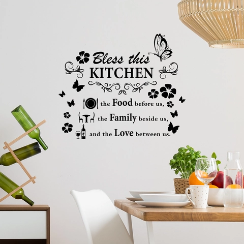 Bless This Kitchen Quote Wall Sticker Butterfly Flower Tableware Design PVC Art Decal For Dining Room Restaurant Decor