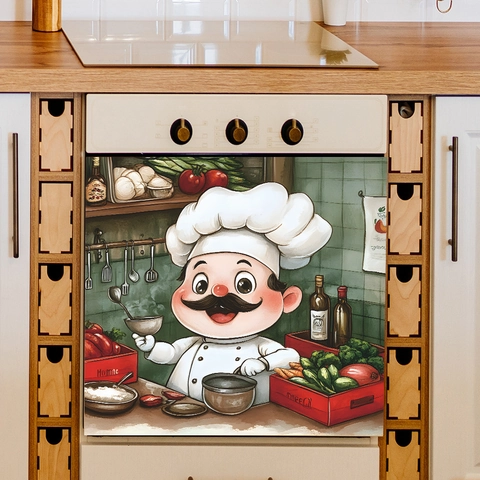 Cartoon Chef Kitchen Wall Sticker Decorative PVC Waterproof Decal For Stove Dishwasher Appliance Home Decor