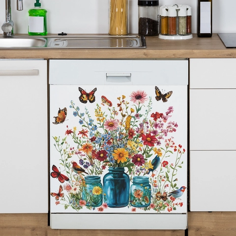 Adesivi Murali PVC Acquerello Fiori Di Campo Barattoli Farfalle Decalcomania Per Elettrodomestici Cucina Decorazione Casa