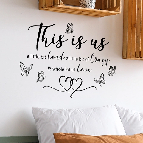 This Is Us Family Quote Wall Decal With Butterflies And Hearts Black PVC Removable DIY Wall Sticker For Bedroom Living Room Home Decor