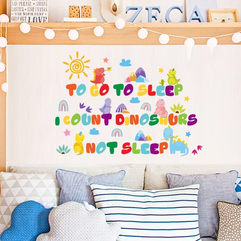 Sticker Mural Dinosaure Dessin Animé Coloré Slogan Décalcomanie Pour Chambre Enfants PVC Amovible Papier Peint Décoration