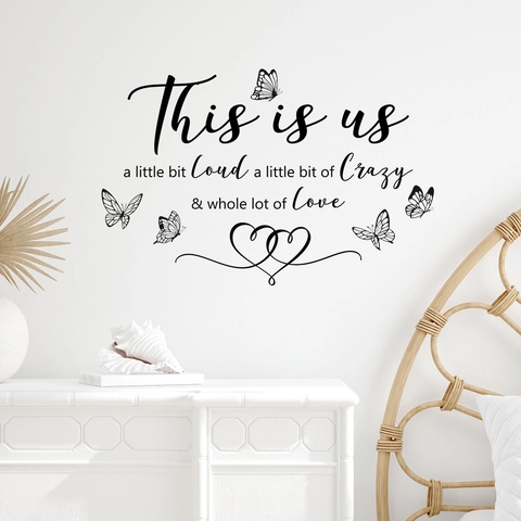 This Is Us Family Quote Wall Decal With Butterflies And Hearts Black PVC Removable DIY Wall Sticker For Bedroom Living Room Home Decor