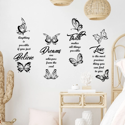 Moderni Adesivi Murali con Farfalle Nere e Citazioni Ispiratrici in Inglese PVC Rimovibili Decalcomanie con Slogan per Casa