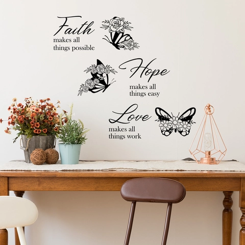 Inspirational Faith Hope Love Butterfly Flower Wall Stickers Black PVC Removable Decals For Living Room Bedroom Decor