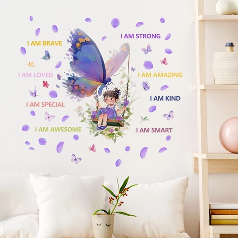 Adesivo da Parete a Forma di Altalena per Ragazza con Farfalla a Cartoni Animati Scritta Inglese Motivazionale PVC Decor