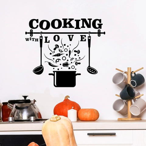 Cooking With Love Kitchen Wall Decal Removable PVC Wall Sticker For Dining Room Restaurant Quote Art Mural Black Decor