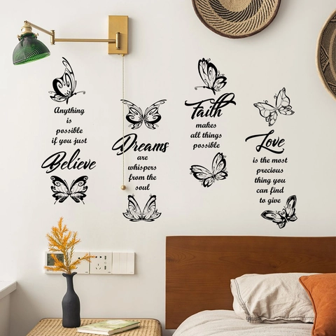 Moderni Adesivi Murali con Farfalle Nere e Citazioni Ispiratrici in Inglese PVC Rimovibili Decalcomanie con Slogan per Casa