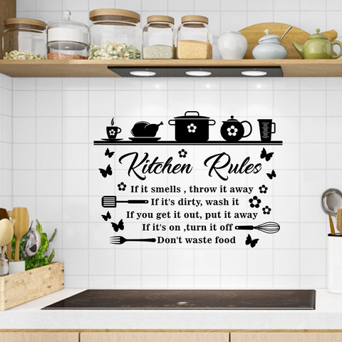 Kitchen Rules Quote Wall Sticker PVC Black Waterproof DIY Art Decal For Kitchen Dining Room Home Background Wall Decor