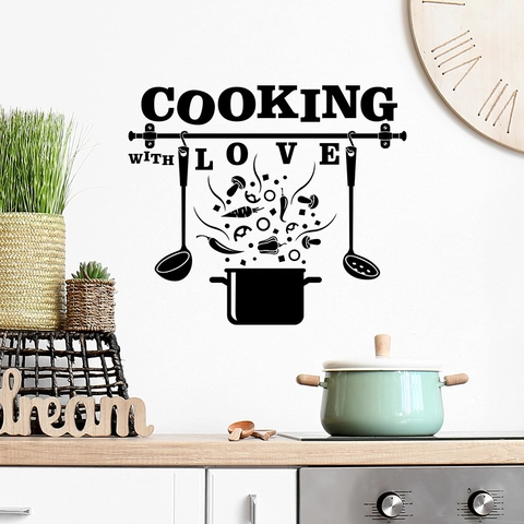 Cooking With Love Kitchen Wall Decal Removable PVC Wall Sticker For Dining Room Restaurant Quote Art Mural Black Decor