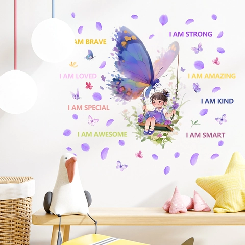 Adesivo da Parete a Forma di Altalena per Ragazza con Farfalla a Cartoni Animati Scritta Inglese Motivazionale PVC Decor