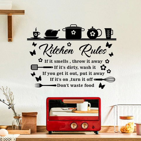 Kitchen Rules Quote Wall Sticker PVC Black Waterproof DIY Art Decal For Kitchen Dining Room Home Background Wall Decor