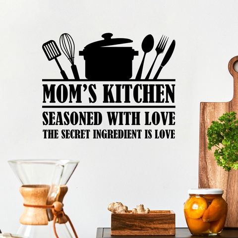 Mom's Kitchen Seasoned With Love Quote Wall Sticker PVC Kitchen Utensils Silhouette Decal For Dining Room Restaurant Home Decor