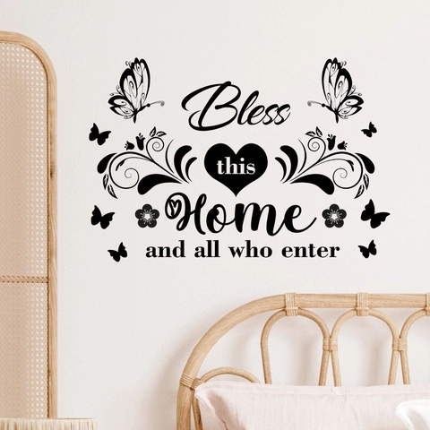 Adesivo da Parete Citazione Bless This Home Con Farfalle PVC Nero Autoadesivo Per Soggiorno Camera Da Letto Casa
