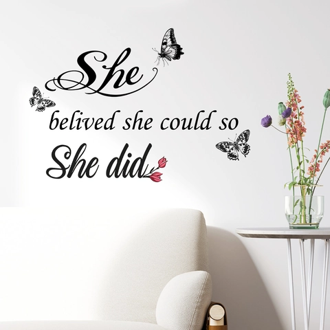 She Believed She Could So She Did Inspirational Quote Wall Sticker Butterfly Flower PVC Removable DIY Home Decor Mural