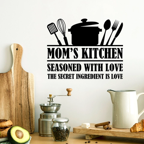 Mom's Kitchen Seasoned With Love Quote Wall Sticker PVC Kitchen Utensils Silhouette Decal For Dining Room Restaurant Home Decor