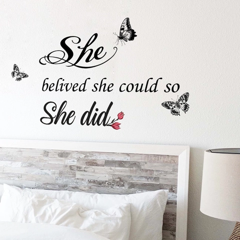 She Believed She Could So She Did Inspirational Quote Wall Sticker Butterfly Flower PVC Removable DIY Home Decor Mural