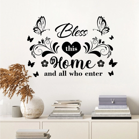 Adesivo da Parete Citazione Bless This Home Con Farfalle PVC Nero Autoadesivo Per Soggiorno Camera Da Letto Casa