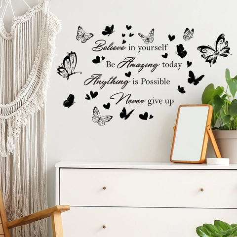 Believe In Yourself Butterfly Heart Inspirational Quotes Wall Stickers PVC Never Give Up Wall Decal For Bedroom Home Decor