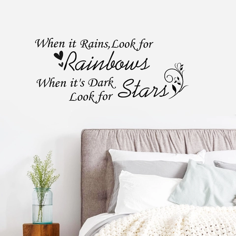 Inspirational Quote Wall Decal When It Rains Look For Rainbows Black PVC Waterproof Removable Wall Sticker For Bedroom Living Room Decor