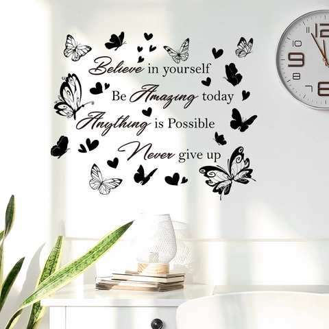 Believe In Yourself Butterfly Heart Inspirational Quotes Wall Stickers PVC Never Give Up Wall Decal For Bedroom Home Decor