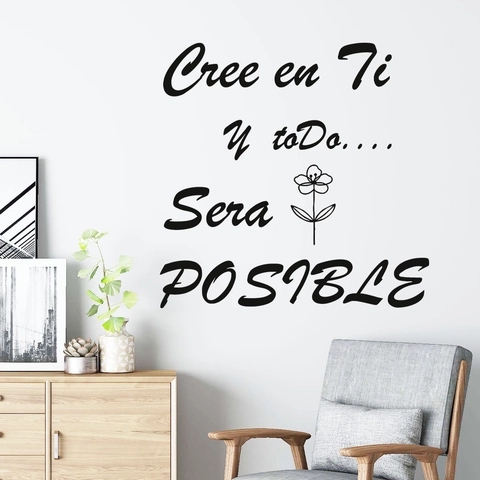 Modern Spanish Inspirational Quote Wall Sticker Cree En Ti Everything Is Possible PVC Floral Aesthetic Decal For Home Decor Black