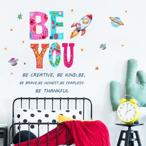 Inspirational Be You Space Rocket Planet Wall Stickers For Kids Bedroom PVC Waterproof Removable Motivational Quote Star Wall Decals