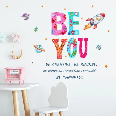 Inspirational Be You Space Rocket Planet Wall Stickers For Kids Bedroom PVC Waterproof Removable Motivational Quote Star Wall Decals