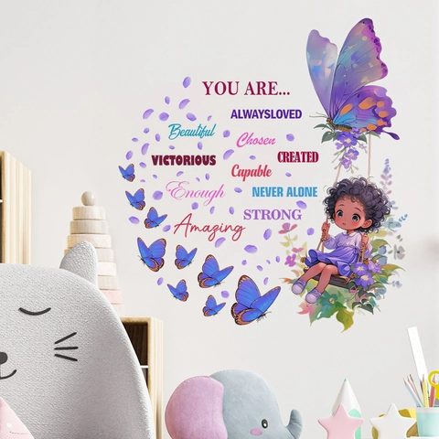 Motivational Quotes Butterfly Cartoon Girl Wall Sticker PVC Waterproof Removable Decal For Kids Girl Bedroom Nursery Decor