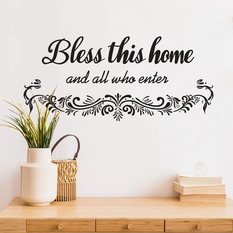 Bless This Home And All Who Enter Engelse Quote Muursticker Zwart PVC Vinyl Sticker Bloemmotief Decor Voor Woonkamer