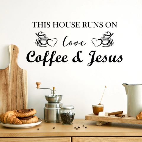 This House Runs On Love Coffee And Jesus Wall Sticker Black PVC Quote Decal For Kitchen Cafe Dining Room Home Decor