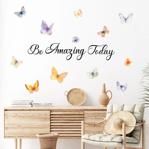 Aquarell Schmetterling Wandtattoo Be Amazing Today Inspirierendes Zitat PVC Aufkleber Für Schlafzimmer Wohnzimmer Wandbild
