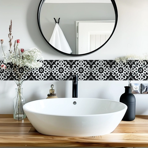 Zelfklevende Zwart En Wit Geometrische Mandala PVC Muurborder Sticker Waterdichte Taillelijn Decor Voor Badkamer Thuis