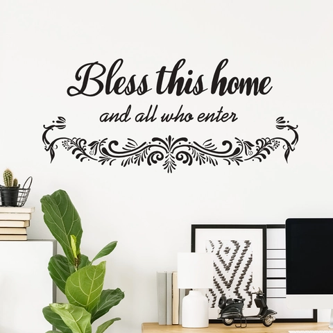 Bless This Home And All Who Enter Engelse Quote Muursticker Zwart PVC Vinyl Sticker Bloemmotief Decor Voor Woonkamer