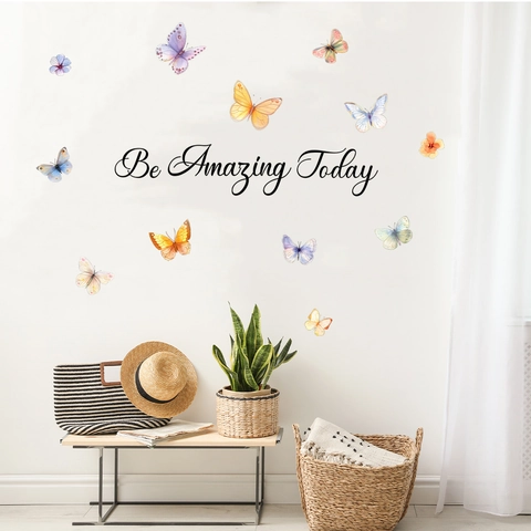 Aquarell Schmetterling Wandtattoo Be Amazing Today Inspirierendes Zitat PVC Aufkleber Für Schlafzimmer Wohnzimmer Wandbild