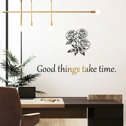 Adesivi Murali Rose Con Citazione Ispiratrice Good Things Take Time Decalcomanie Decorative in PVC Moderne Per Soggiorno