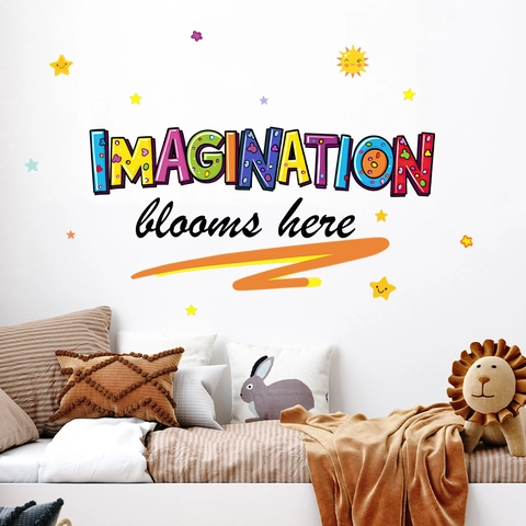 Imagination Blooms Here Kleurrijke Letters Muursticker Cartoon Zon Sterren PVC Verwijderbare Decoratie Voor Kinderkamer
