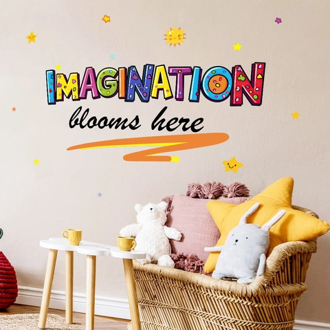 Imagination Blooms Here Bunter Schriftzug Wandaufkleber Cartoon Sonne Sterne PVC Abnehmbares Dekor Für Kinderzimmer