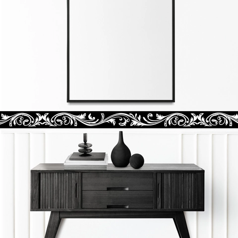Zwart Wit Barok Krul Bloemen Muurborder Sticker Waterdicht PVC Wandsticker Voor Badkamer Keuken Woonkamer Decoratie