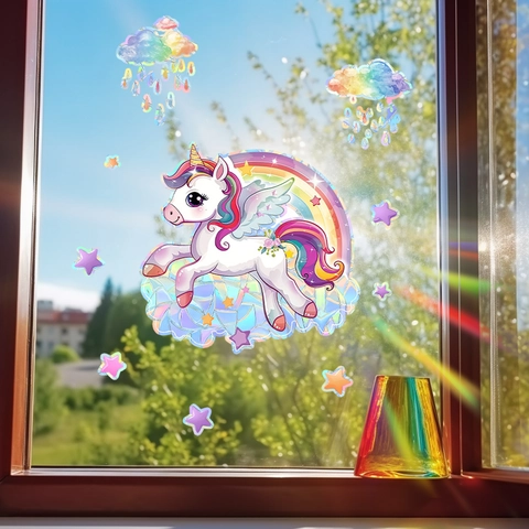 Regenboog Eenhoorn Statische Venstersticker Laser PVC Zonnevanger Sticker Iriserend Prisma Effect Voor Glasraam Huisdecoratie