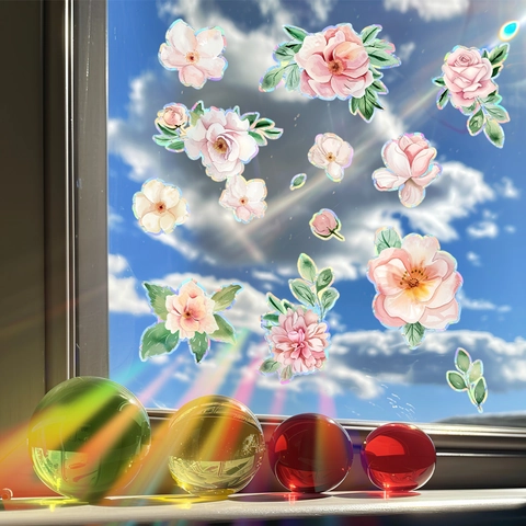 Regenbogen Statische Fensterfolie 3D Pfingstrose Blume Holographisch Prisma Effekt Abnehmbar Glas Dekoration Aufkleber