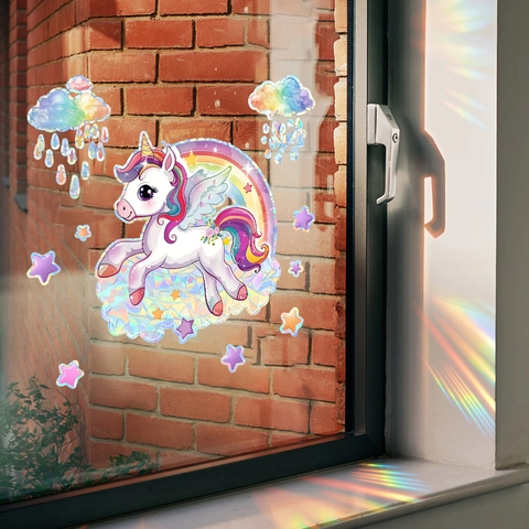 Regenboog Eenhoorn Statische Venstersticker Laser PVC Zonnevanger Sticker Iriserend Prisma Effect Voor Glasraam Huisdecoratie