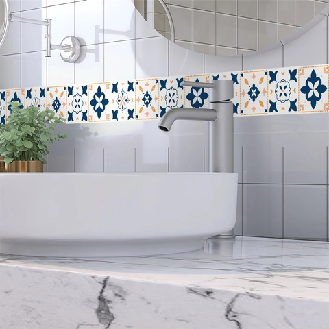 Sticker Mural Bordure Auto-Adhésif en PVC Style Méditerranéen Vintage Bleu Orange Motif Géométrique de Carreaux Décoration Maison