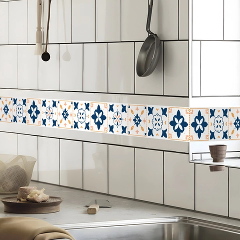 Sticker Mural Bordure Auto-Adhésif en PVC Style Méditerranéen Vintage Bleu Orange Motif Géométrique de Carreaux Décoration Maison