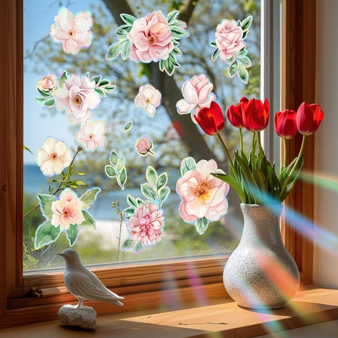 Regenbogen Statische Fensterfolie 3D Pfingstrose Blume Holographisch Prisma Effekt Abnehmbar Glas Dekoration Aufkleber