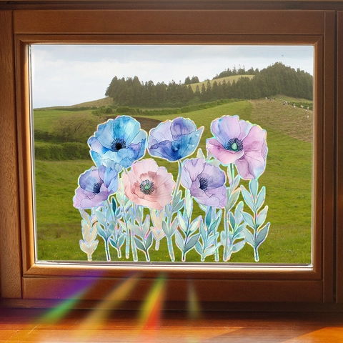 Regenbogen Holographischer Aquarell Mohnblumen Fensteraufkleber Statische Haftung PVC Glas Dekor Für Wohnzimmer Heimdekoration